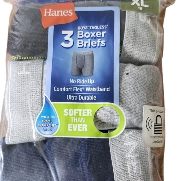 Boys Hanes Tagless Boxer Briefs Comfort Flex Waistband XL (18) 3-Pack BLK/GR BTS - Picture 1 of 5